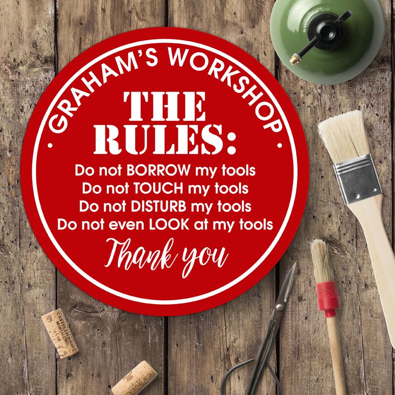 Personalised Workshop Shed Rules Wall Sign | Fun bespoke gift for his man cave! Great gift idea for dad or grandad, suitable for exterior or interior use. Custom made round shed plaques and signs. Range of colours and designs. From PhotoFairytales. #fathersdaygift