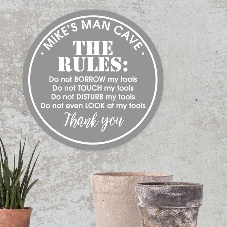 Personalised Workshop Shed Rules Wall Sign | Fun bespoke gift for his man cave! Great gift idea for dad or grandad, suitable for exterior or interior use. Custom made round shed plaques and signs. Range of colours and designs. From PhotoFairytales. #fathersdaygift