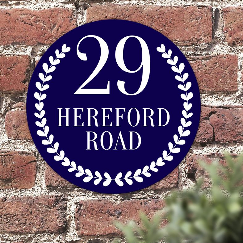 Personalised House Address Sign | Bespoke house name and number signs.  Custom made round signs and plaques for your home. Range of colours and designs. From PhotoFairytales.