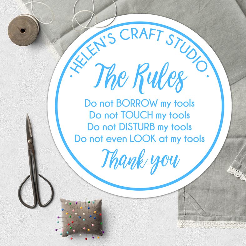 Personalised Craft Studio or Hobby Room Rules Wall Sign | Fun bespoke gift for your studio, workshop, sewing room or crafting spot! Great gift idea, suitable for exterior or interior use. Custom made round workroom plaques and signs. Range of colours and designs. From PhotoFairytales. #mothersdaygift