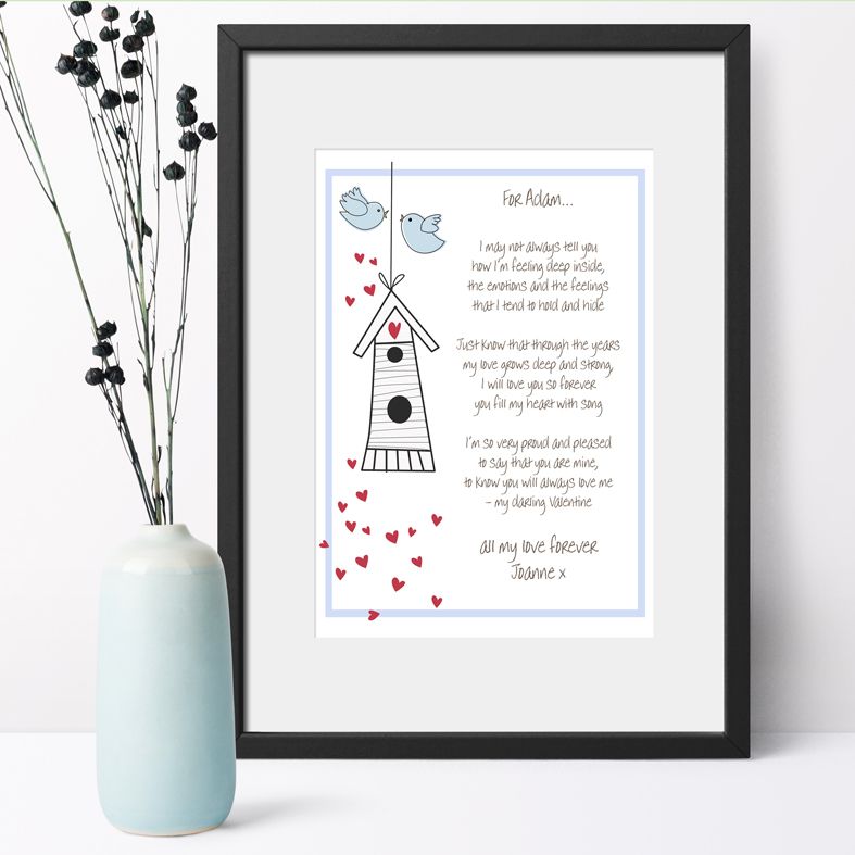Personalised Love Birds Poem Art Print| custom designed love poem print. Keep the featured love poem or request your own special wording, poetry or song lyrics. A truly thoughtful and touching romantic gift idea, from PhotoFairytales #personalisedpoem #personalisedvalentine #poemprint