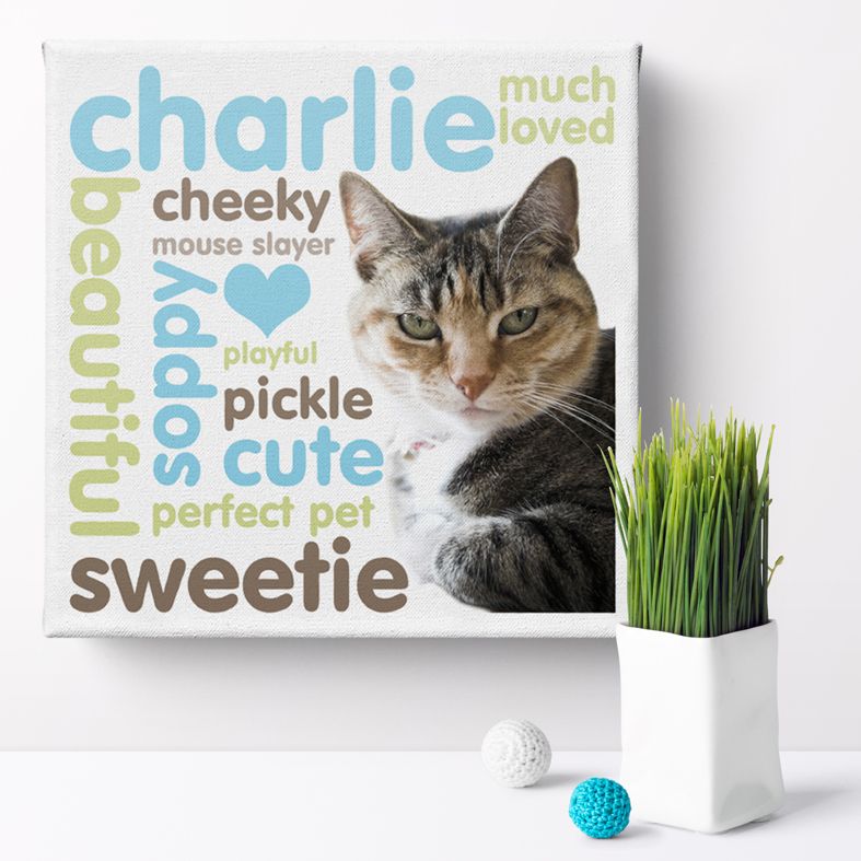 Pet Personality Photo Canvas Print | stunning unique canvas wall art, featuring your pet's photo and your own words creating colourful typography word art in any colour #petgift