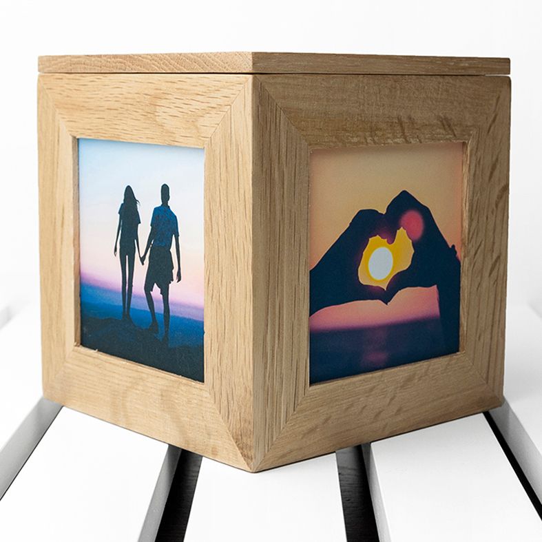 Personalised Real Oak Photo Cubes | romantic gift for Valentine, anniversary or wedding. Handcrafted, engraved to order, also available filled with chocolates!