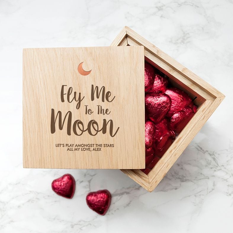Personalised Real Oak Photo Cubes, Fly Me To The Moon | romantic gift for Valentine, anniversary or wedding. Handcrafted, engraved to order, available with chocolates!