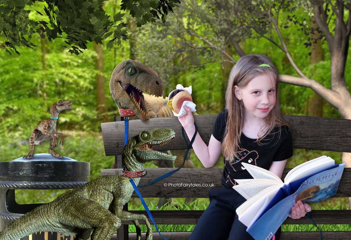 Dinner with My Pet Dinosaurs, bespoke fantasy image created from your own photo into unique personalised portrait and custom wall art | PhotoFairytales
