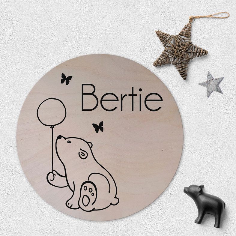 Personalised Wooden Circle Plaque for Baby | natural wood Scandi style round name wall sign, custom Scandi nursery decor #monochromenursery