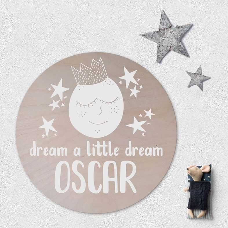 Personalised Dream A Little Dream Wooden Circle Plaque | natural wood round wall sign, custom Scandi nursery decor #monochromenursery