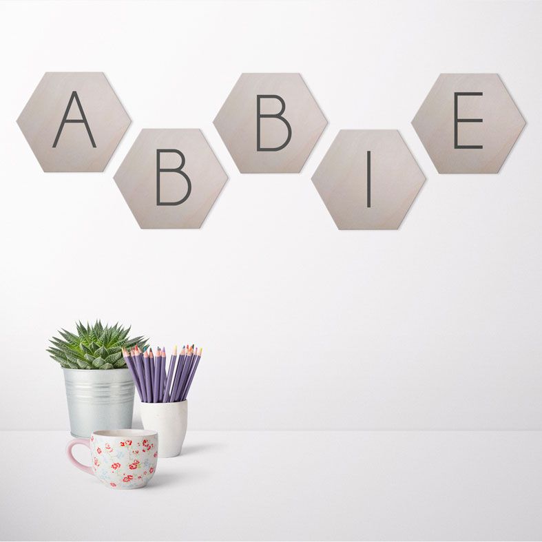 Personalised Wooden Hexagon Wall Plaques | natural wood Scandi style hexagon wall sign, personalised with any letter, name or word