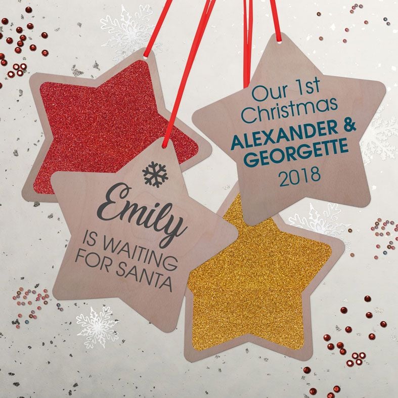 Personalised Couple's 1st Christmas Decoration | contemporary handmade wooden star tree decorations, custom made, range of designs and colours, PhotoFairytales #1stChristmas #romanticChristmas