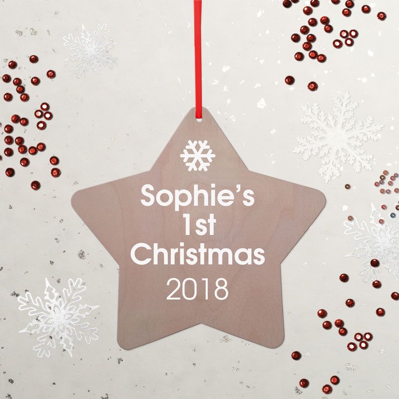 Personalised Baby's 1st Christmas Decoration | contemporary handmade wooden star tree decorations, custom made, range of designs and colours, PhotoFairytales #1stChristmas