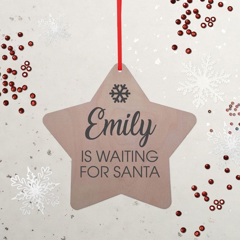 Personalised Waiting for Santa Christmas Decoration | contemporary handmade wooden star tree decorations, custom made, range of designs and colours, PhotoFairytales