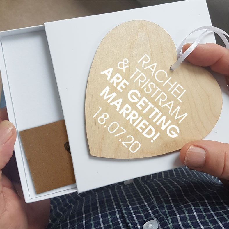 Personalised Wedding Announcement Gift Heart Wooden Plaques | beautifully gift boxed, handmade wooden hearts - a unique way to make an important announcement or send a message to friends & family