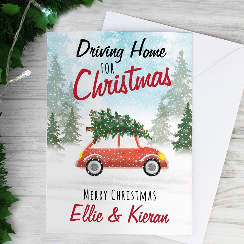 Driving Home For Christmas - Personalised Christmas Card, festive red car with tree on the top. Available as single card or pack of 20 cards. Free fast UK P&P.