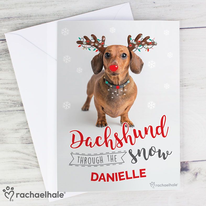 Dachshund Through The Snow Personalised Christmas Card, designed by Rachael Hale. Free inside printing. Fast dispatch. Free UK P&P.