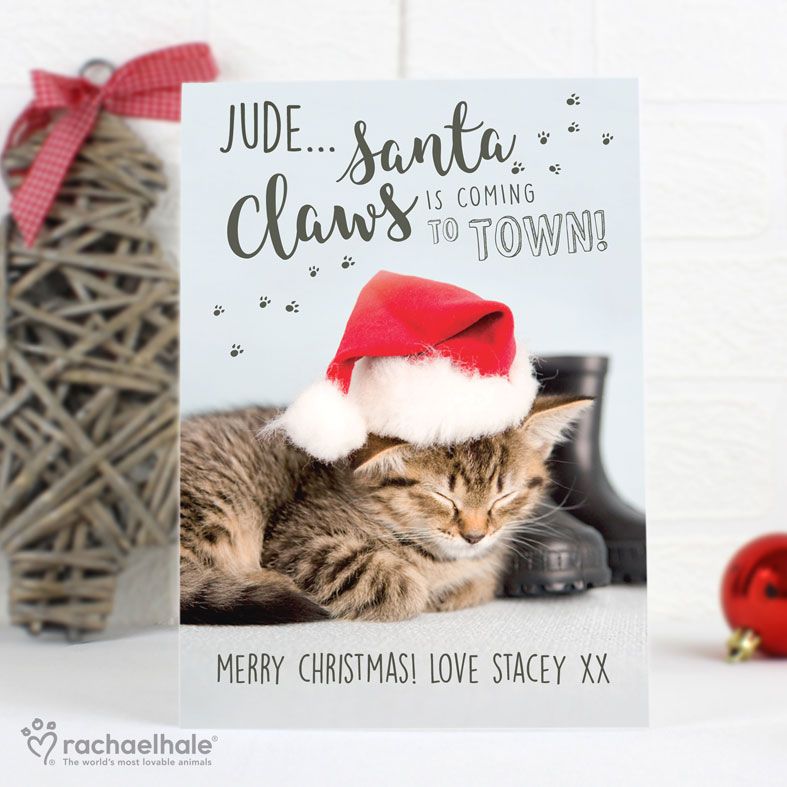 Santa Claws Cat Personalised Christmas Card, designed by Rachael Hale. Free inside printing. Fast dispatch. Free UK P&P.