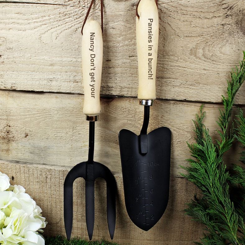 Personalised Garden Fork & Trowel Set | personalised garden gift set, practical gift for a keen gardener! Carbon steel & engraved wood handles. PhotoFairytales