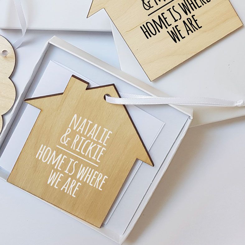 Mini Wooden House Message Plaques | Home is Where We Are Personalised Gift Wrapped Present for a Couple, Handmade Custom Wood Hanging House Signs, Letterbox Friendly Personalised Gift