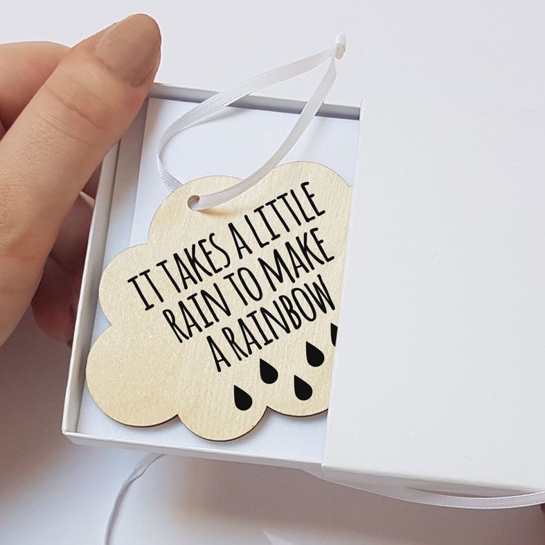 Mini Wooden Cloud Message Plaques | It Takes A Little Rain To Make A Rainbow Personalised Gift Wrapped Present, Handmade Custom Wood Hanging Cloud Signs, Letterbox Friendly Personalised Gift