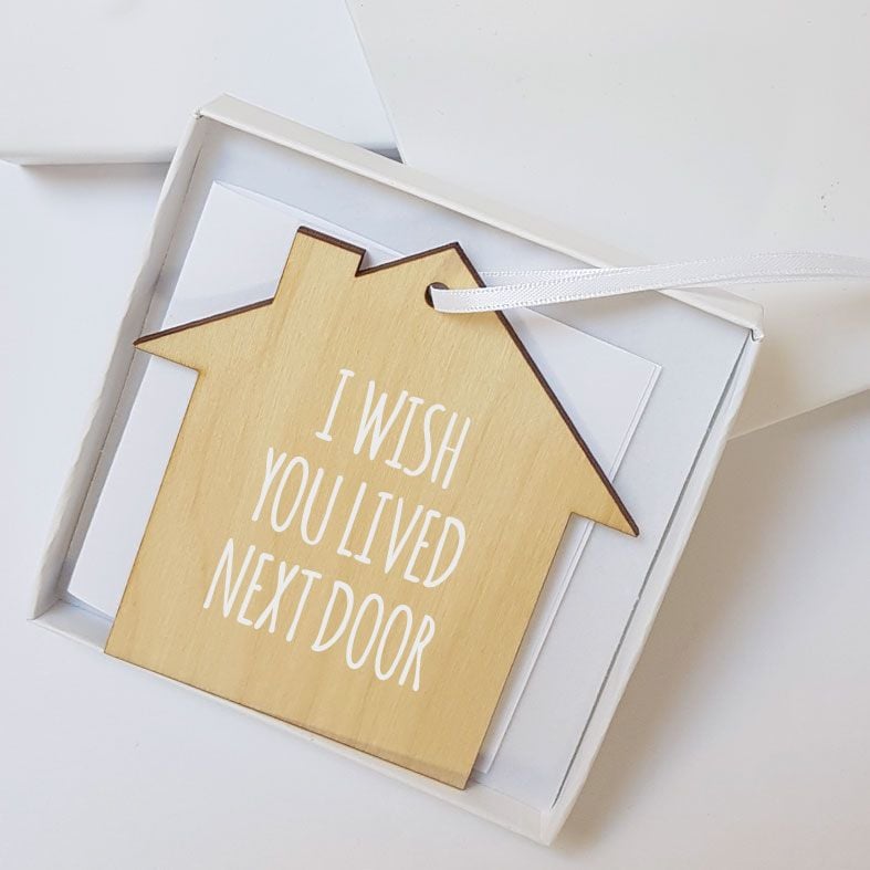 Mini Wooden House Message Plaques | I Wish You Lived Next Door Personalised Gift Wrapped Present, Handmade Custom Wood Hanging House Signs, Letterbox Friendly Personalised Gift