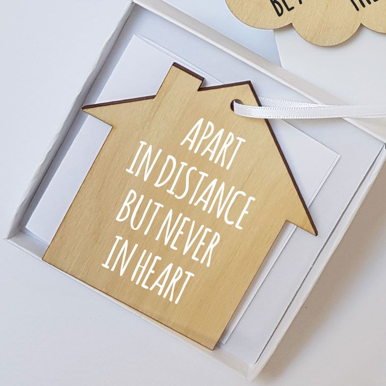 Mini Wooden House Message Plaques | Apart in Distance Never in Heart Personalised Gift Wrapped Present, Handmade Custom Wood Hanging House Signs, Letterbox Friendly Personalised Gift