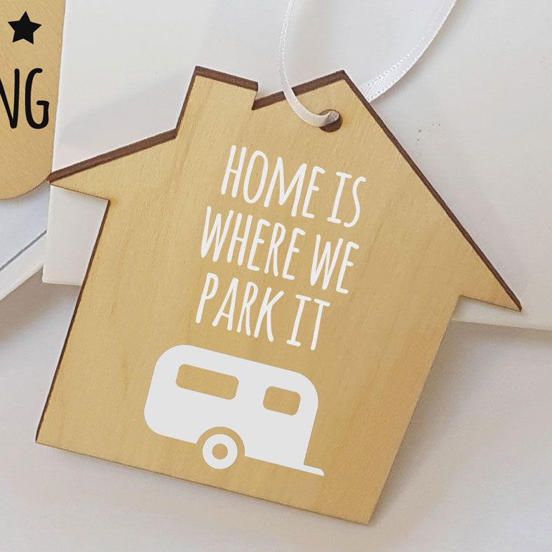 Mini Wooden House Message Plaques | Home is Where We Park It Caravan Motorhome Personalised Gift Wrapped Present, Handmade Custom Wood Hanging House Signs, Letterbox Friendly Personalised Gift
