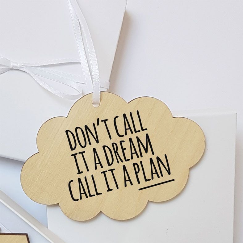 Mini Wooden Cloud Message Plaques | Don't Call It A Dream Call It A Plan Personalised Gift Wrapped Present for Him or Her, Handmade Custom Wood Hanging Cloud Signs, Letterbox Friendly Motivational Inspirational Personalised Gift
