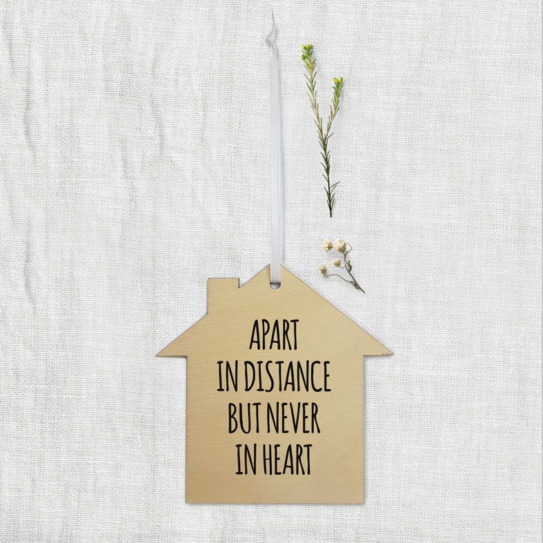Mini Wooden House Message Plaques | Apart in Distance Never in Heart Personalised Gift Wrapped Present, Handmade Custom Wood Hanging House Signs, Letterbox Friendly Personalised Gift