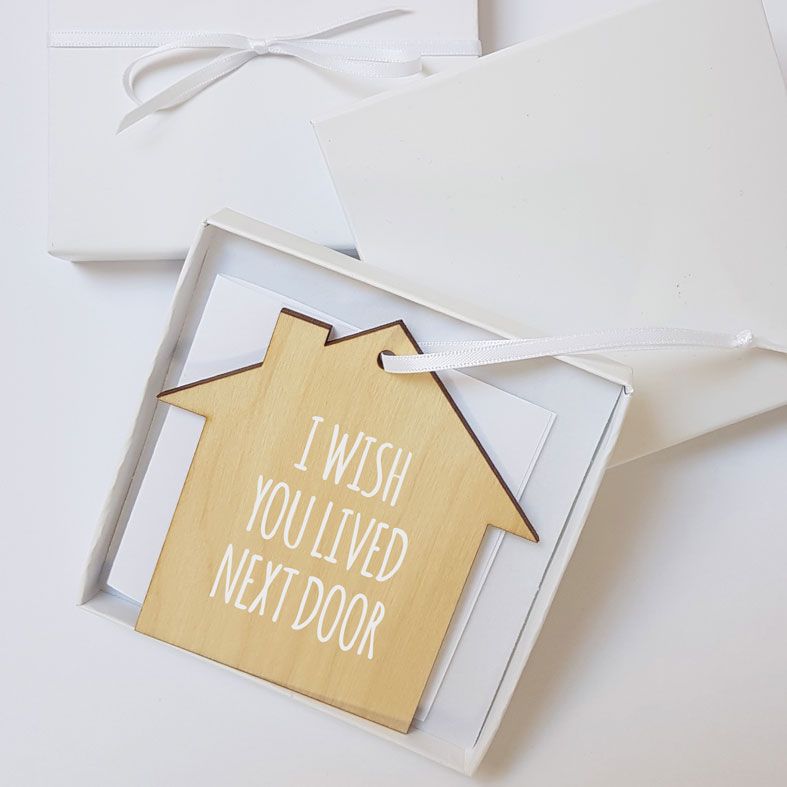 Mini Wooden House Message Plaques | I Wish You Lived Next Door Personalised Gift Wrapped Present, Handmade Custom Wood Hanging House Signs, Letterbox Friendly Personalised Gift