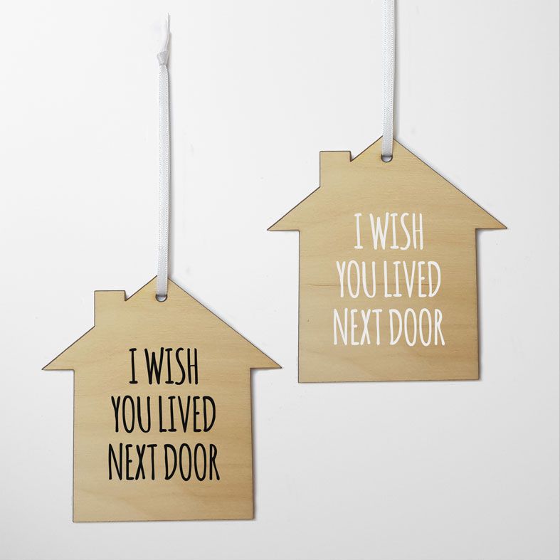 Mini Wooden House Message Plaques | I Wish You Lived Next Door Personalised Gift Wrapped Present, Handmade Custom Wood Hanging House Signs, Letterbox Friendly Personalised Gift
