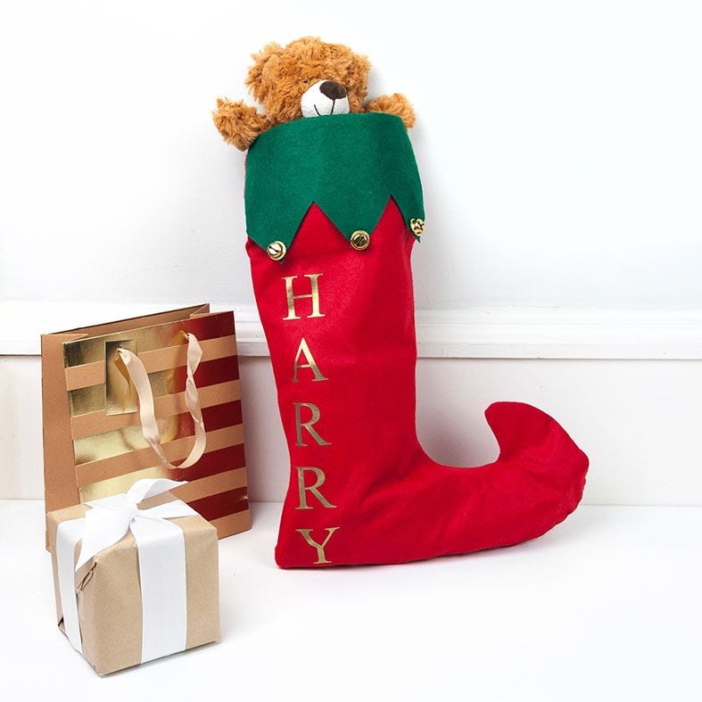 Personalised Traditional Santa Stocking, Jingle Bells red and green design, from PhotoFairytales