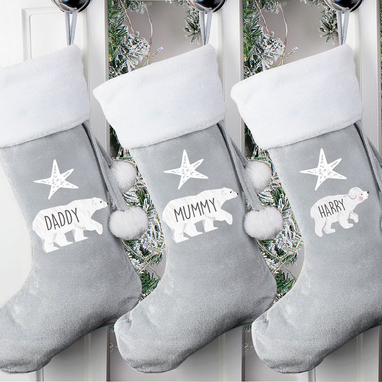 Personalised Traditional Santa Stocking, Silver Grey Polar Bear Design, velvet finish, from PhotoFairytales
