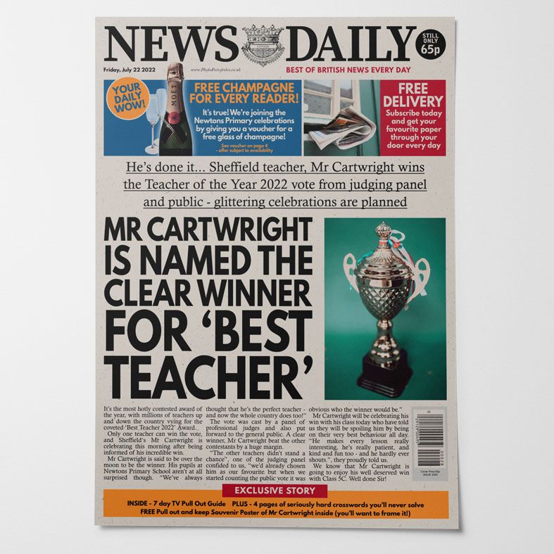Personalised Best Teacher Award Newspaper | personalised end of term teacher appreciation gift from PhotoFairytales