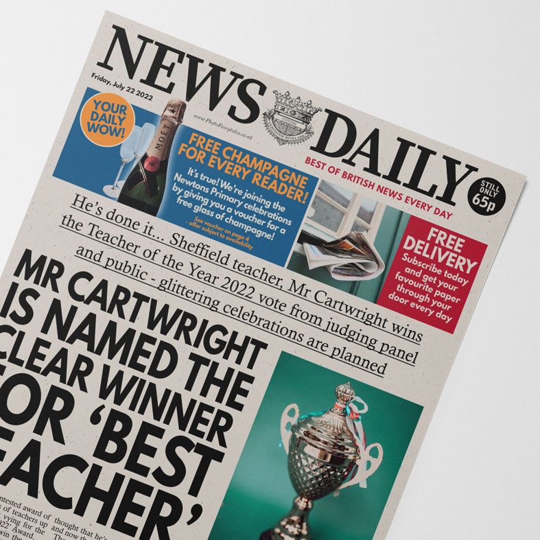 Personalised Best Teacher Newspaper | personalised end of term newspaper gift from PhotoFairytales