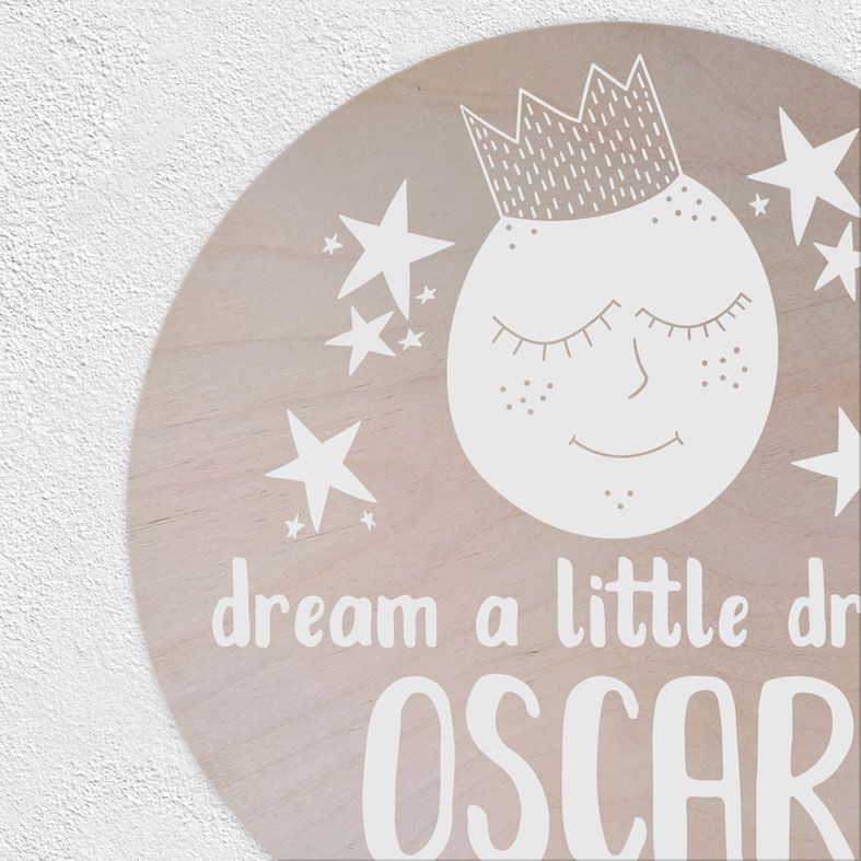 Personalised Dream A Little Dream Wooden Circle Plaque | natural wood round wall sign, custom Scandi nursery decor #monochromenursery