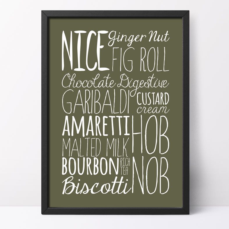 Biscuits bespoke Word Theme Print | made to order word art prints created in any colour, striking typographic art for your home, from PhotoFairytales