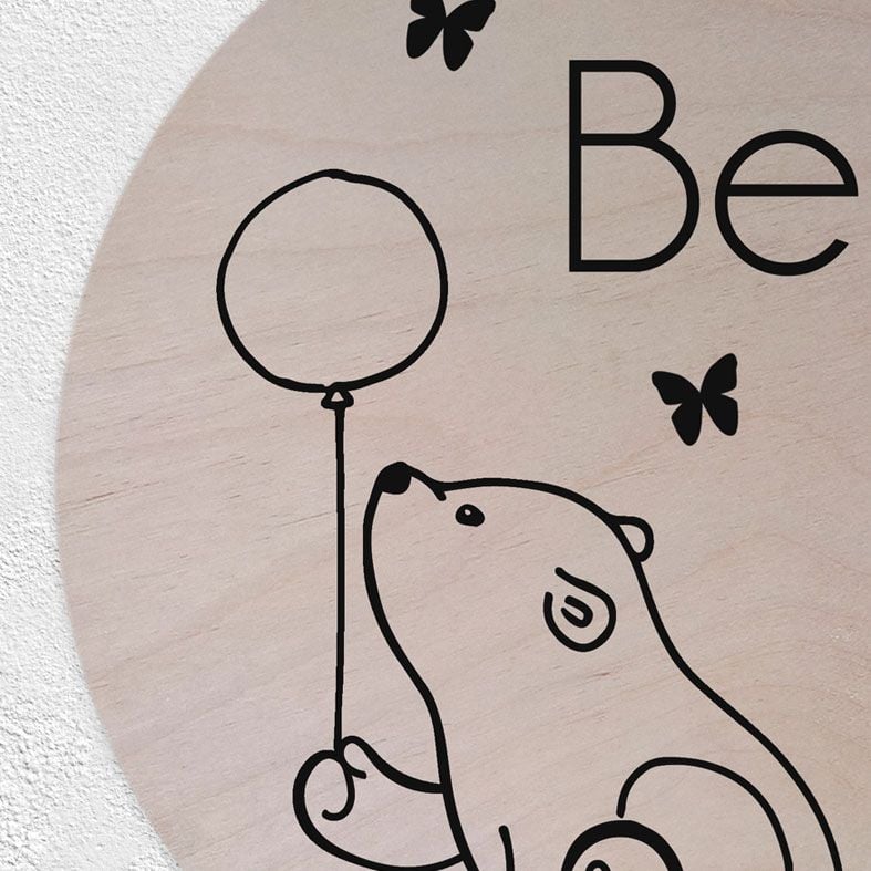 Personalised Wooden Circle Plaque for Baby | Baby Bear, natural wood Scandi style round name wall sign, custom Scandi nursery decor #monochromenursery