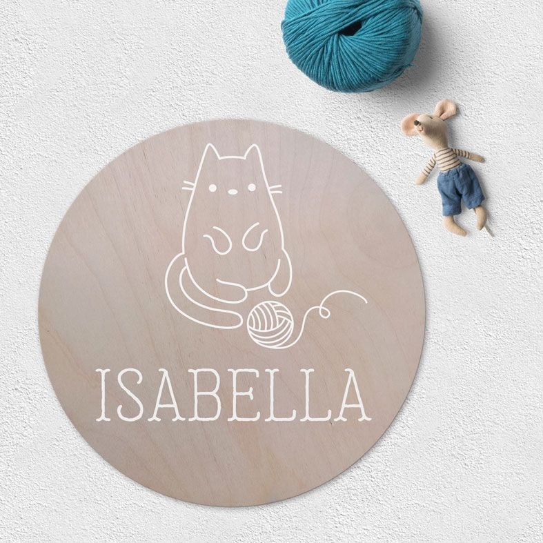 Personalised Cat Wooden Circle Plaque | natural wood Scandi style round wall sign, personalised gift for cat lovers