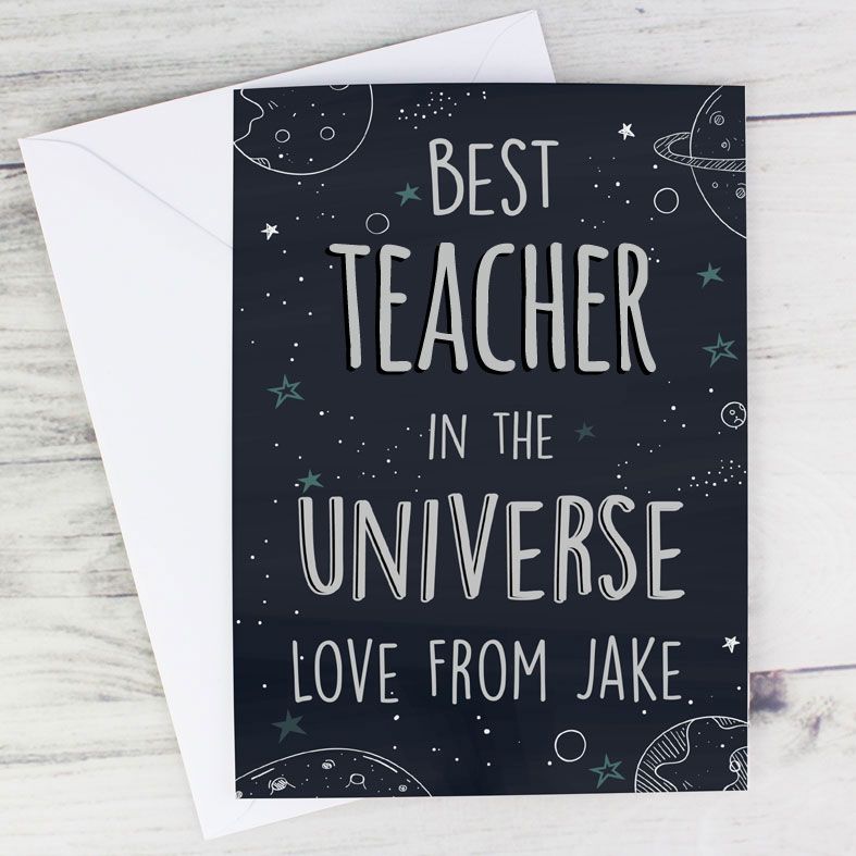 Best Teacher In the Universe - Personalised Greeting Card. Free inside printing. Fast dispatch. Free UK P&P. 