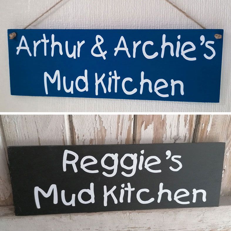 Personalised Wooden Mud Kitchen Garden Signs | Outdoor Playhouse Plaques, handmade, range of colours