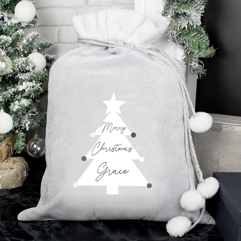 Personalised Silver Grey Pompom Christmas Sack | PhotoFairytales