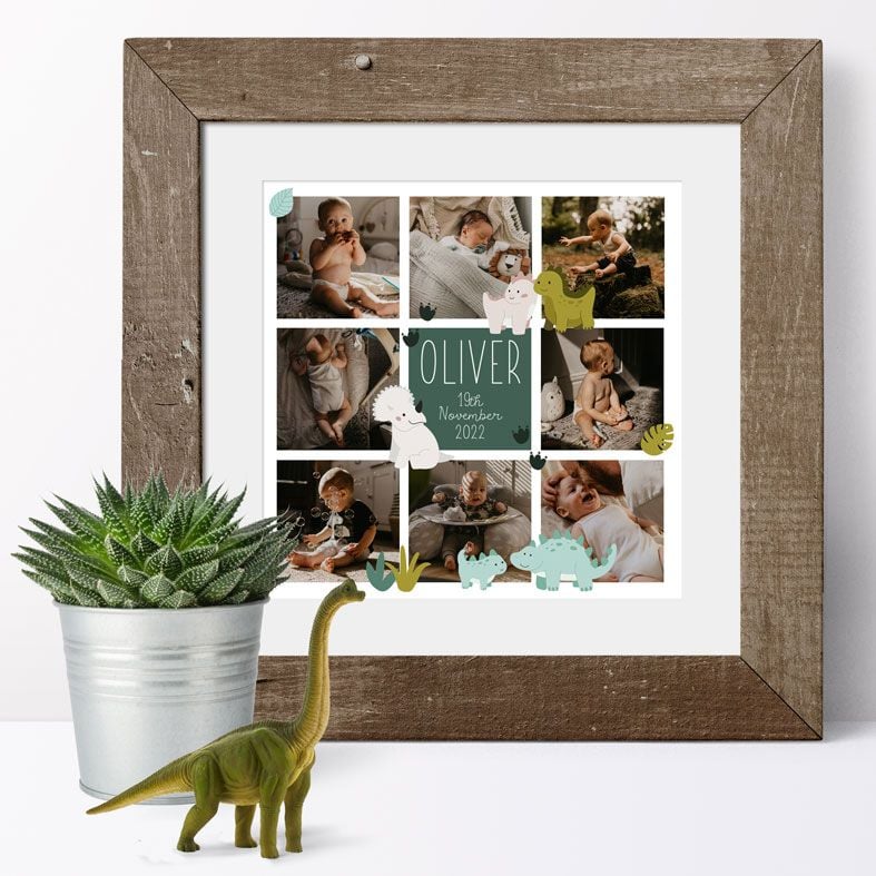 Dinosaur photo art print - sweet personalised dino theme photo wall art, created to order for your child's bedroom or nursery. Turn your photos into art!