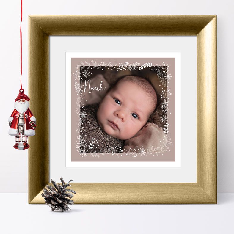 A contemporary Christmas photo art print - personalised wall print, custom made and featuring your favourite photo and delicate floral illustrations. Free UK P&P
