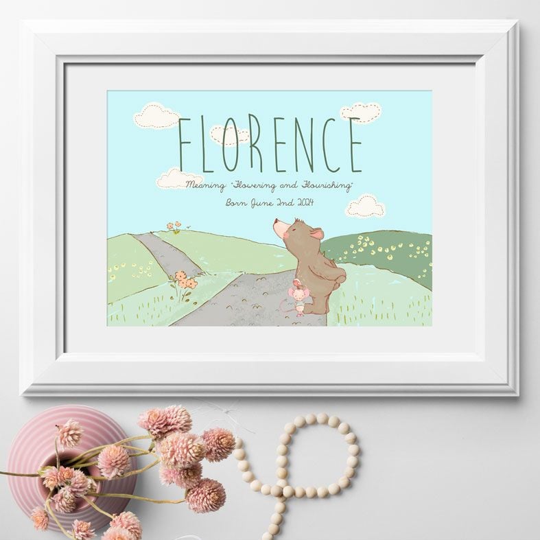 Personalised Spring Day baby name print | bespoke baby christening gifts from PhotoFairytales