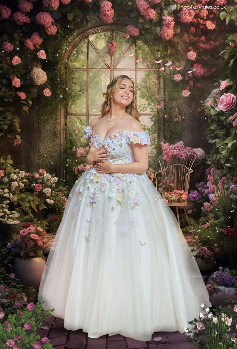 Vintage Rose Garden, bespoke fantasy fairy tale image created from your own photo into unique personalised portrait and custom wall art | PhotoFairytales