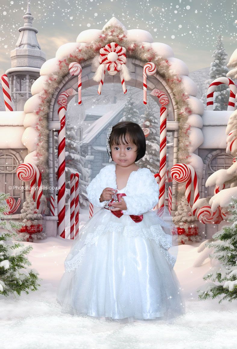 Candy Cane Palace, magical Christmas fantasy fairy tale image created from your own photo into unique personalised portrait and custom wall art | PhotoFairytales