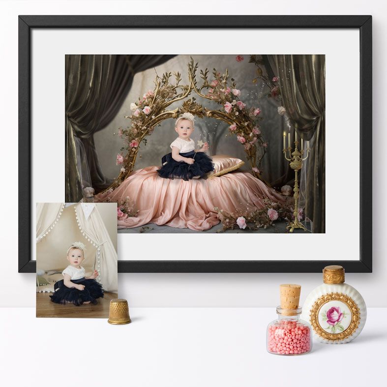 Bed of Roses, bespoke fantasy image created from your own photo into unique personalised portrait and custom wall art | PhotoFairytales
