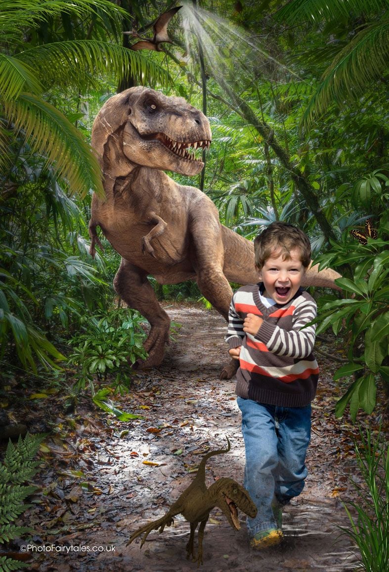 Dinosaur Jungle, bespoke fantasy image created from your own photo into unique personalised portrait and custom wall art | PhotoFairytales