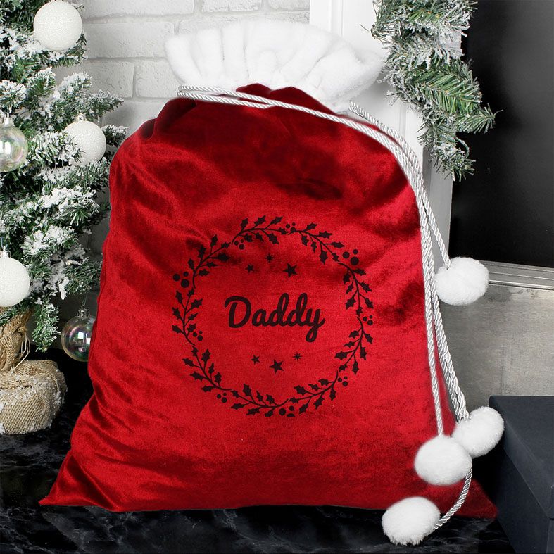 Personalised Red Holly Velvet Christmas Sack | PhotoFairytales