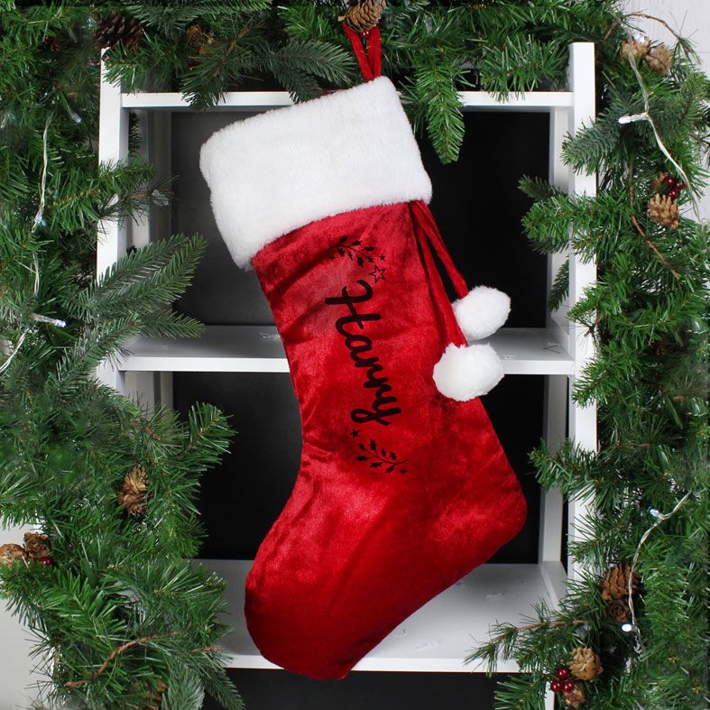 Personalised Red Holly Velvet Christmas Stocking | PhotoFairytales