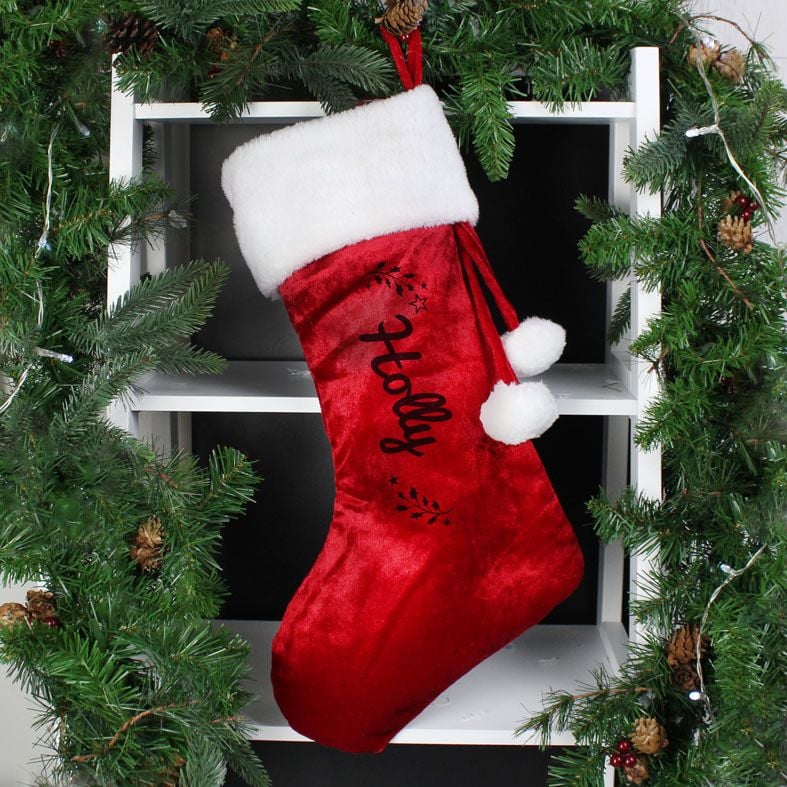 Personalised Red Holly Christmas Stocking with name â soft velvety fleece festive Santa Stocking